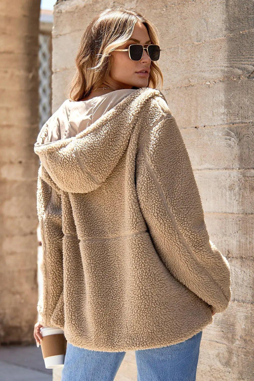 Pale Khaki Fleece Zip Up Drawstring Hooded Pocketed Jacket Love Salve